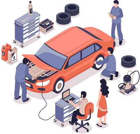 image of red car with mechanics surrounding it and fixing it